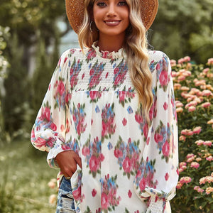 Floral Smocked Lantern Sleeve Blouse-Pimamour