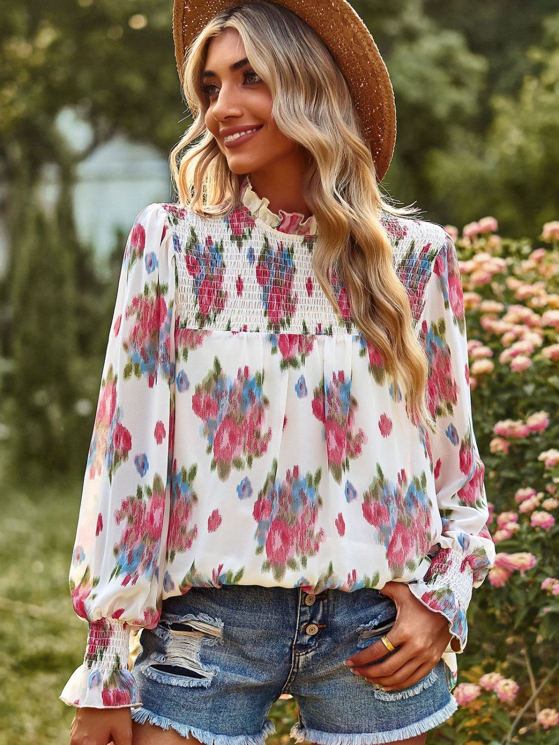 Floral Smocked Lantern Sleeve Blouse-Pimamour