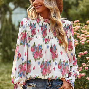 Floral Smocked Lantern Sleeve Blouse-Pimamour