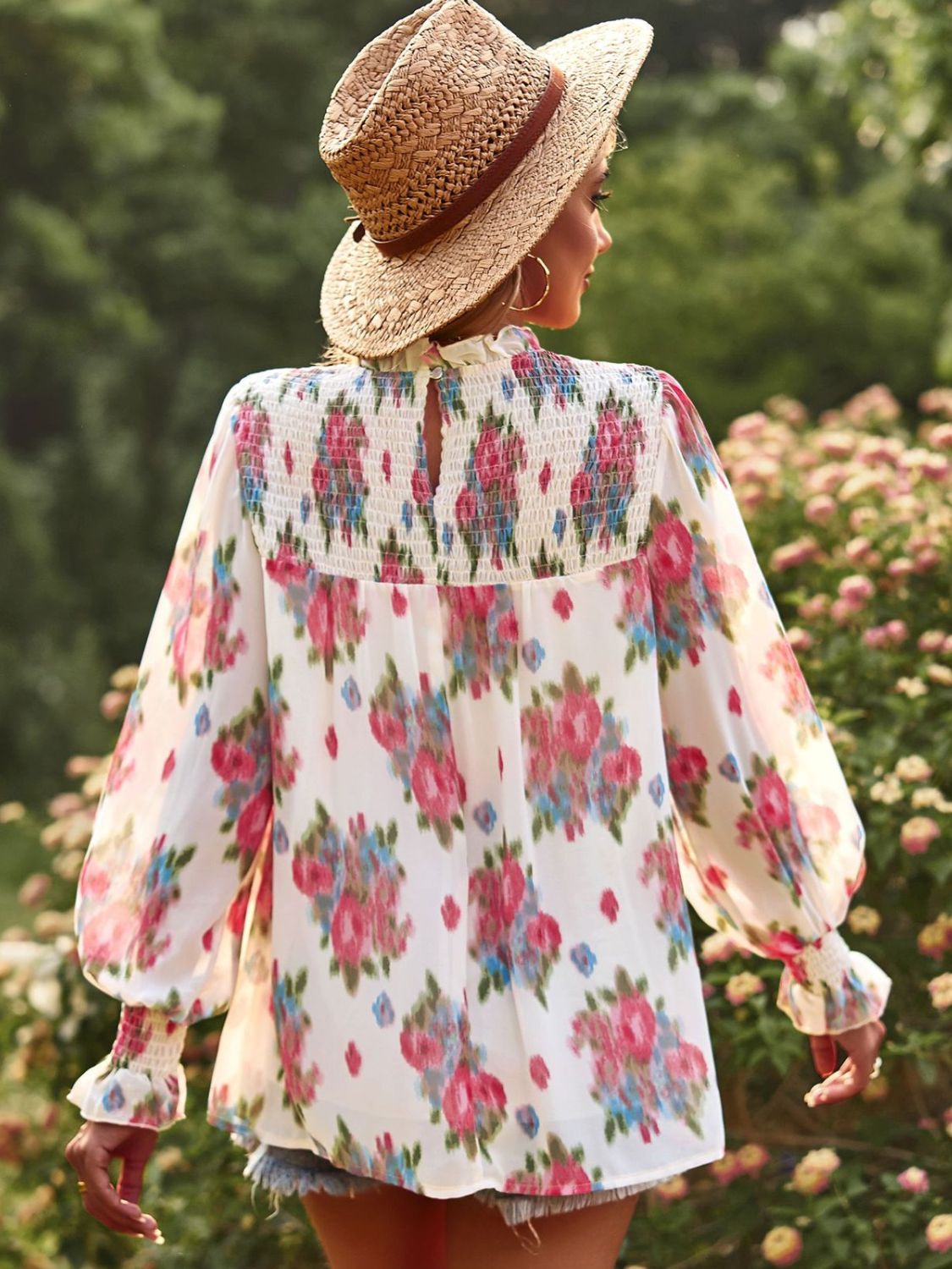 Floral Smocked Lantern Sleeve Blouse-Pimamour