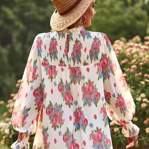 Floral Smocked Lantern Sleeve Blouse-Pimamour