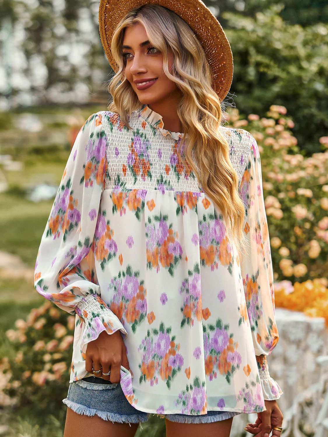 Floral Smocked Lantern Sleeve Blouse-Pimamour