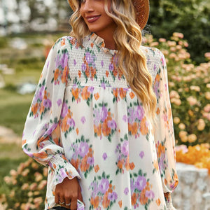 Floral Smocked Lantern Sleeve Blouse-Pimamour