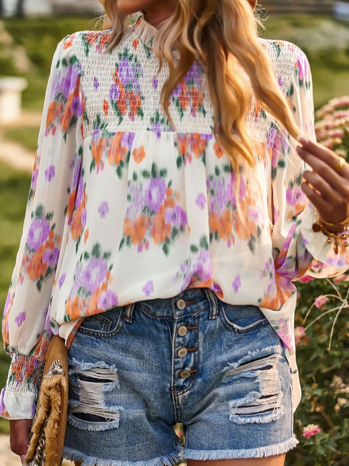 Floral Smocked Lantern Sleeve Blouse-Pimamour