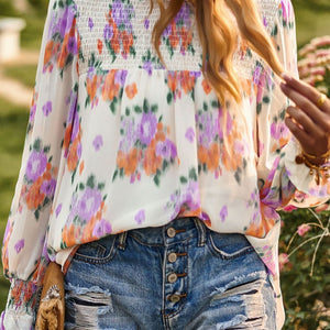 Floral Smocked Lantern Sleeve Blouse-Pimamour