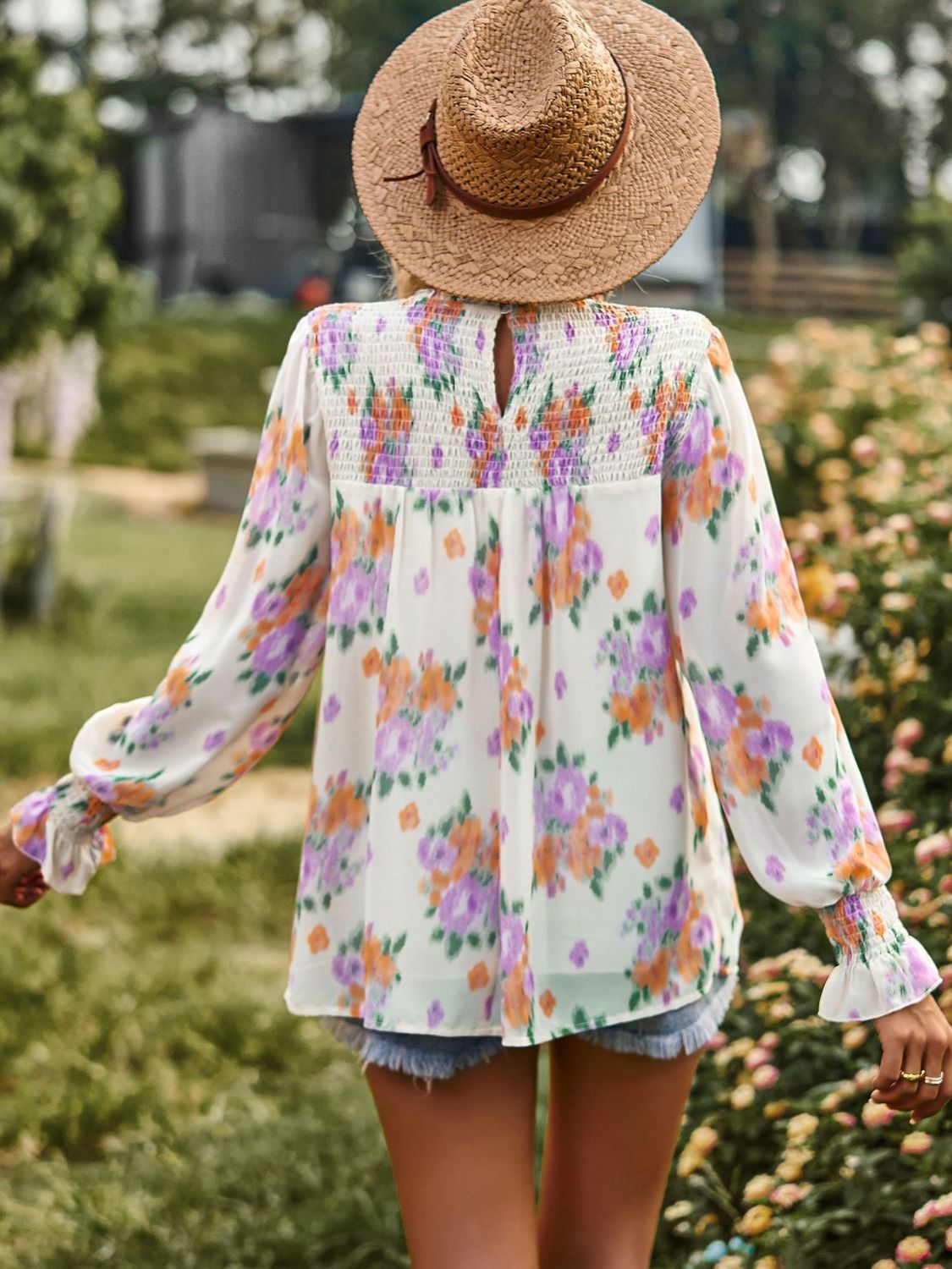 Floral Smocked Lantern Sleeve Blouse-Pimamour