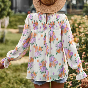 Floral Smocked Lantern Sleeve Blouse-Pimamour