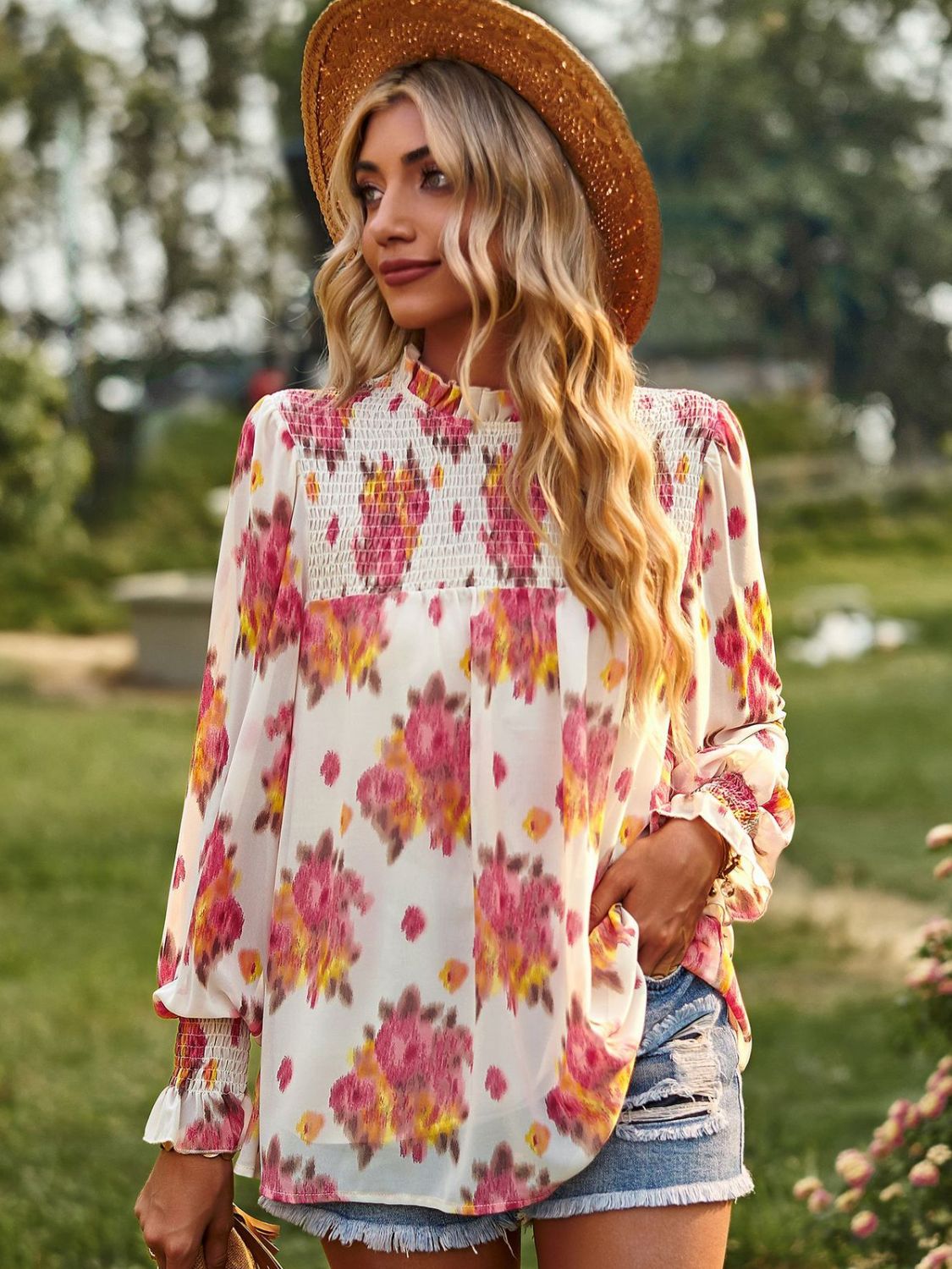 Floral Smocked Lantern Sleeve Blouse-Pimamour