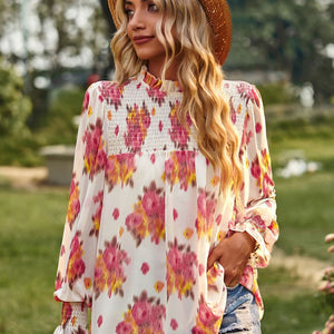 Floral Smocked Lantern Sleeve Blouse-Pimamour