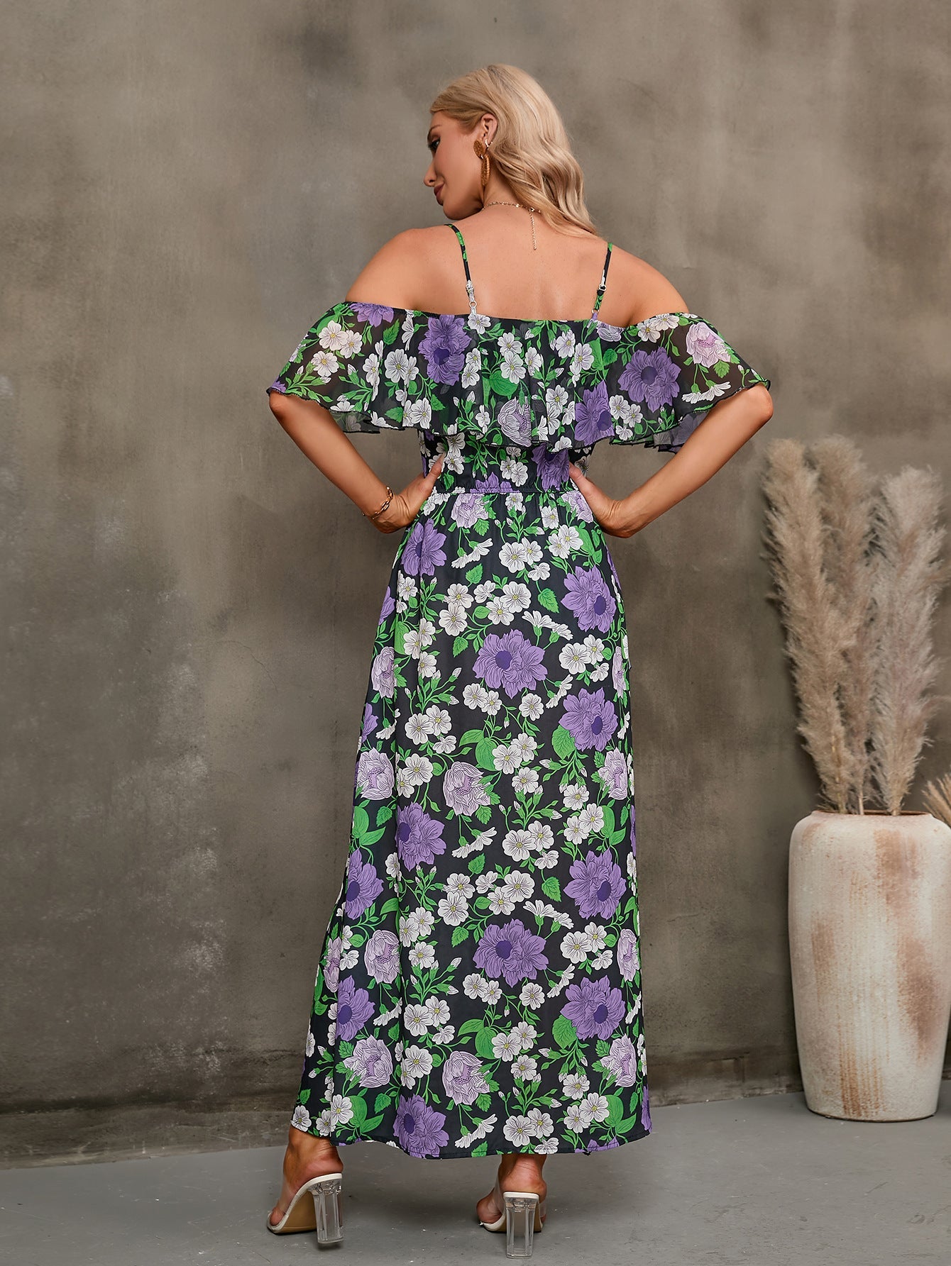 Floral Spaghetti Strap Cold-Shoulder Slit Maxi Dress-Pimamour