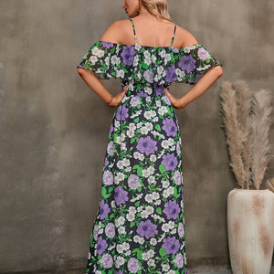 Floral Spaghetti Strap Cold-Shoulder Slit Maxi Dress-Pimamour