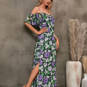 Floral Spaghetti Strap Cold-Shoulder Slit Maxi Dress-Pimamour