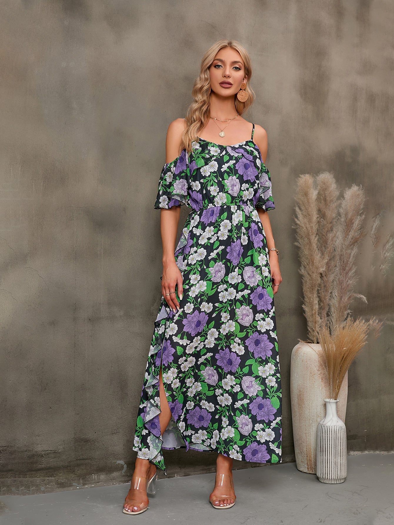 Floral Spaghetti Strap Cold-Shoulder Slit Maxi Dress-Pimamour