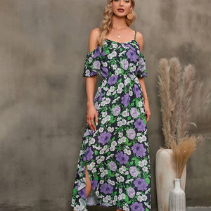 Floral Spaghetti Strap Cold-Shoulder Slit Maxi Dress-Pimamour