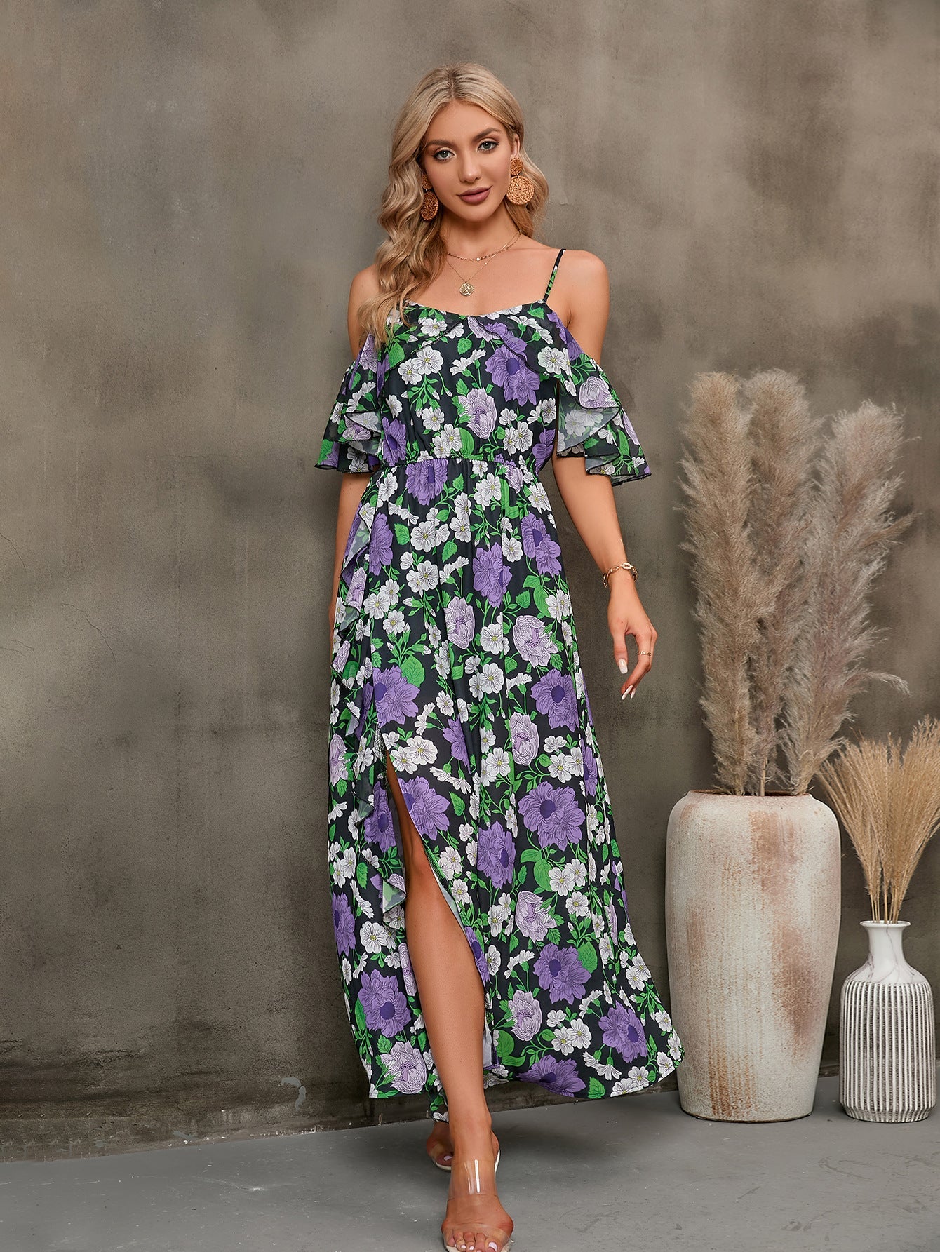 Floral Spaghetti Strap Cold-Shoulder Slit Maxi Dress-Pimamour