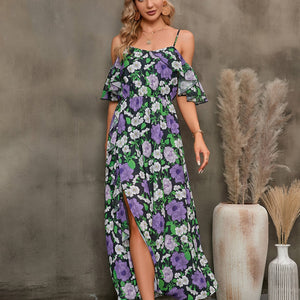 Floral Spaghetti Strap Cold-Shoulder Slit Maxi Dress-Pimamour