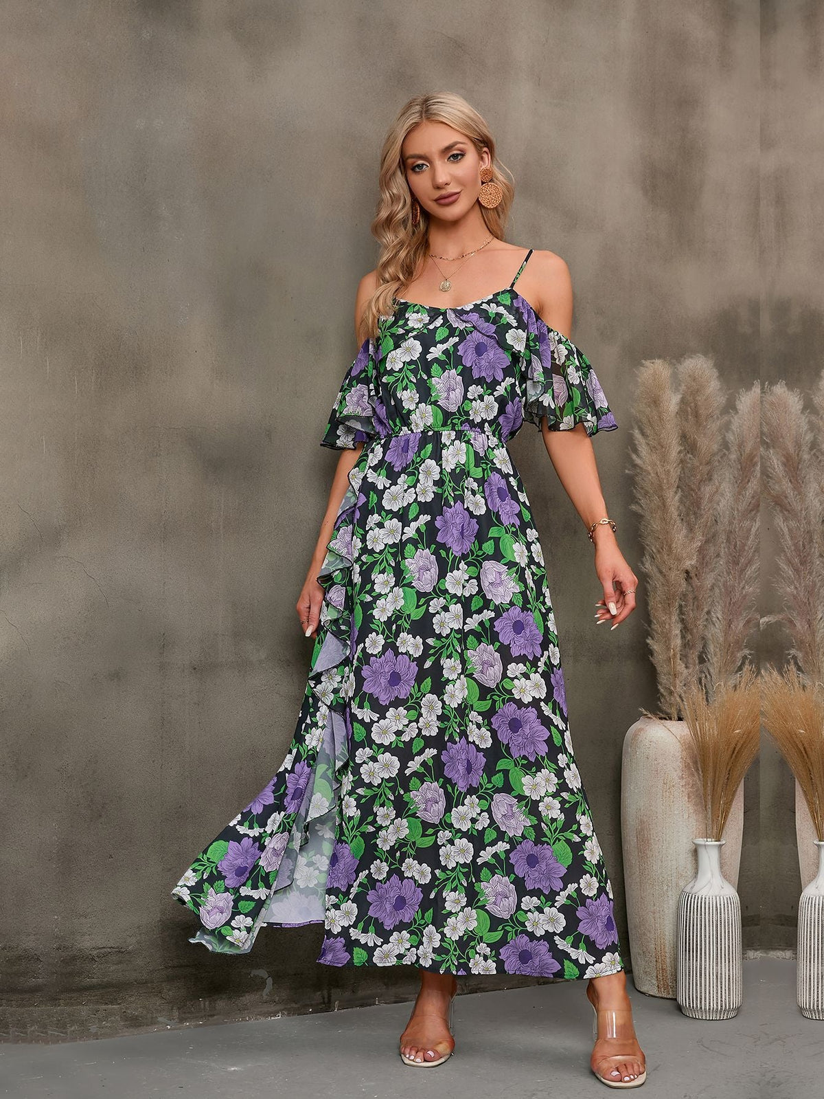 Floral Spaghetti Strap Cold-Shoulder Slit Maxi Dress-Pimamour