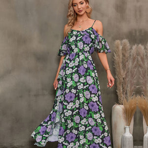 Floral Spaghetti Strap Cold-Shoulder Slit Maxi Dress-Pimamour