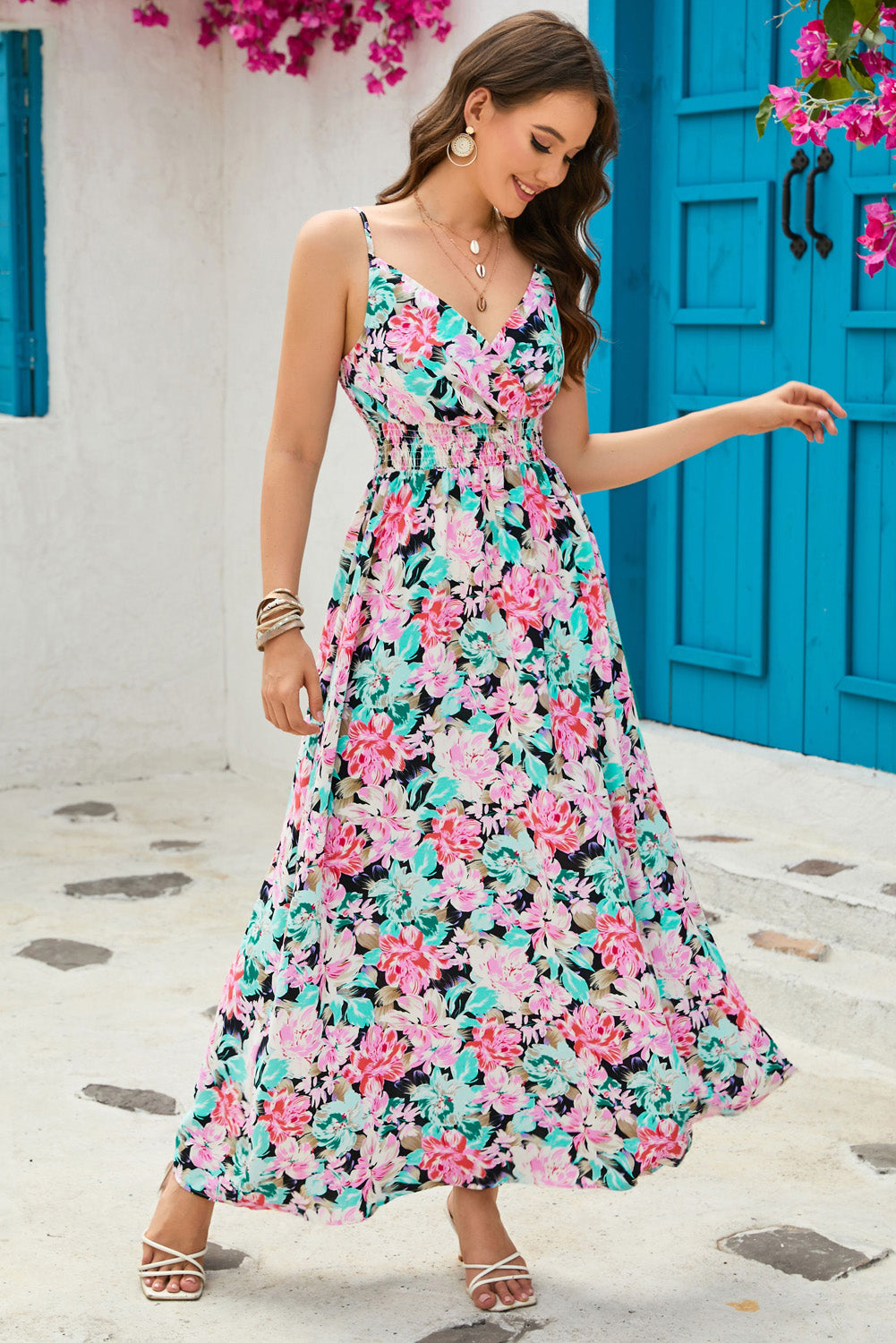 Floral Spaghetti Strap Surplice Neck Maxi Dress-Pimamour