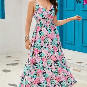 Floral Spaghetti Strap Surplice Neck Maxi Dress-Pimamour