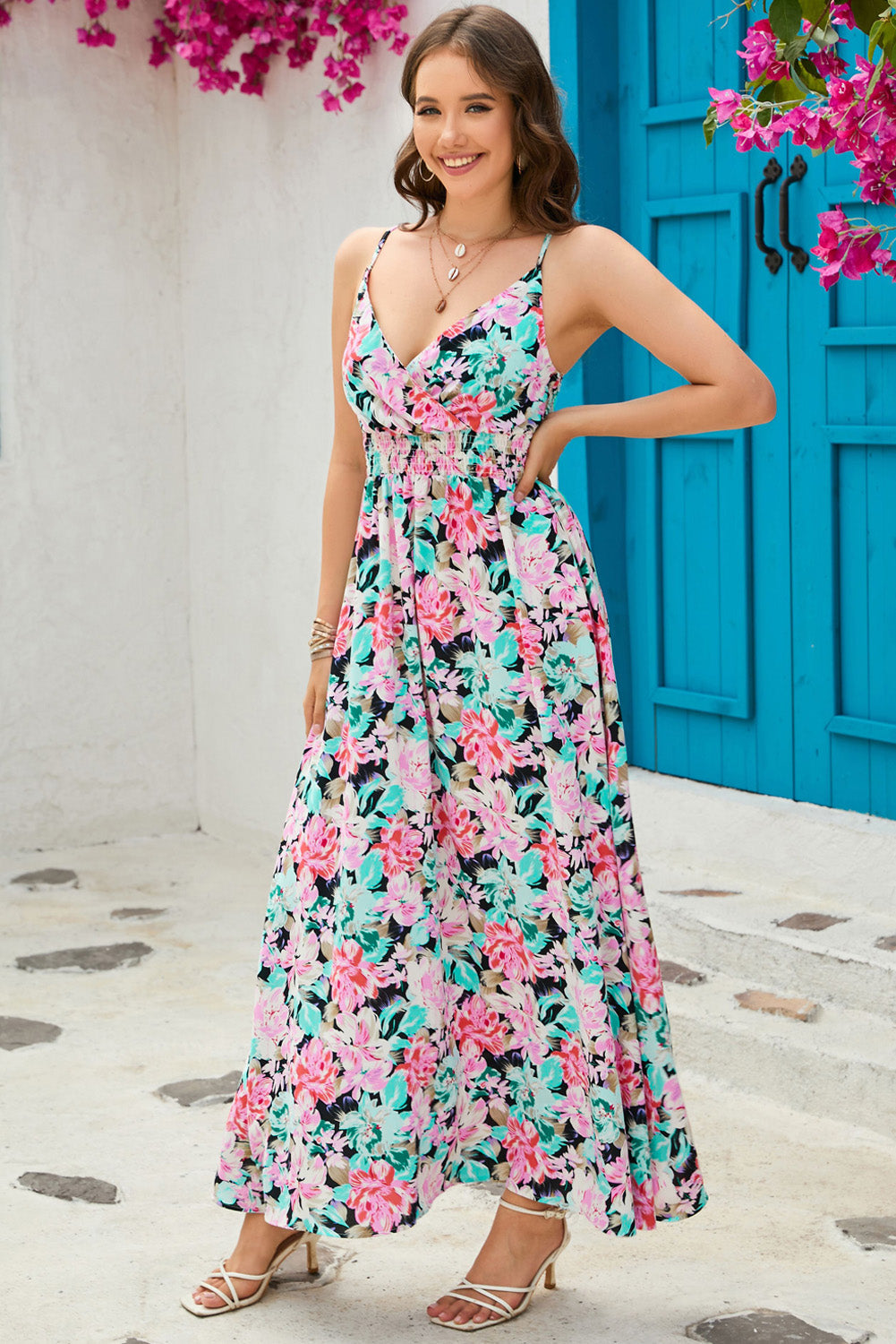 Floral Spaghetti Strap Surplice Neck Maxi Dress-Pimamour