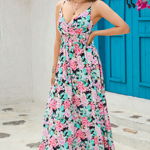 Floral Spaghetti Strap Surplice Neck Maxi Dress-Pimamour