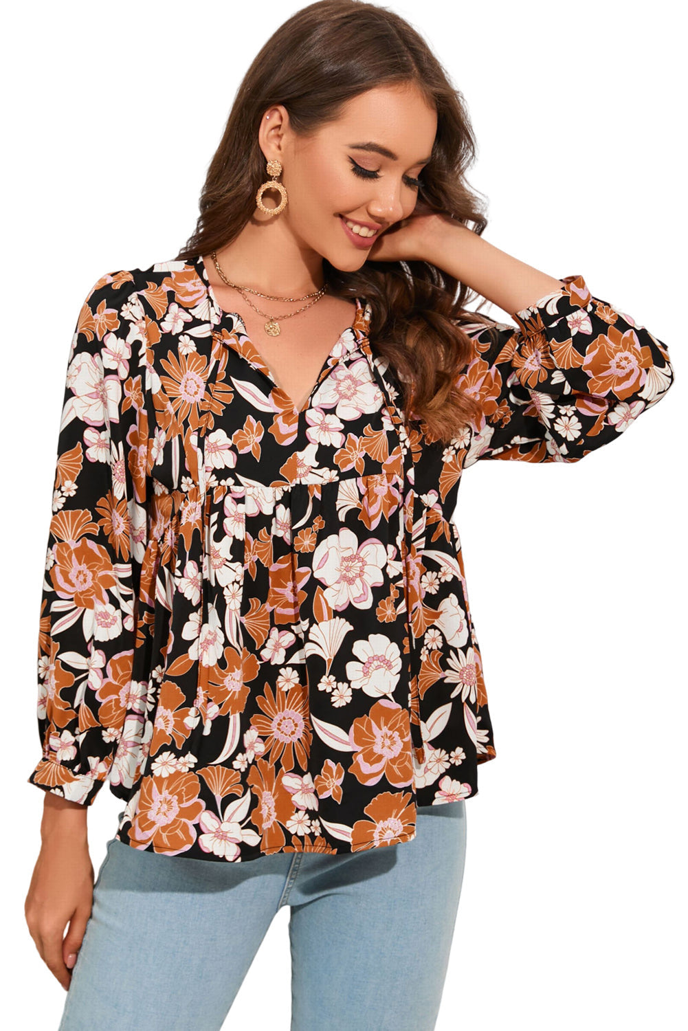 Floral Tie Neck Babydoll Blouse-Pimamour