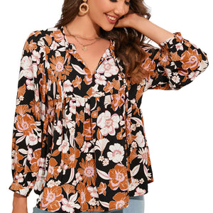 Floral Tie Neck Babydoll Blouse-Pimamour