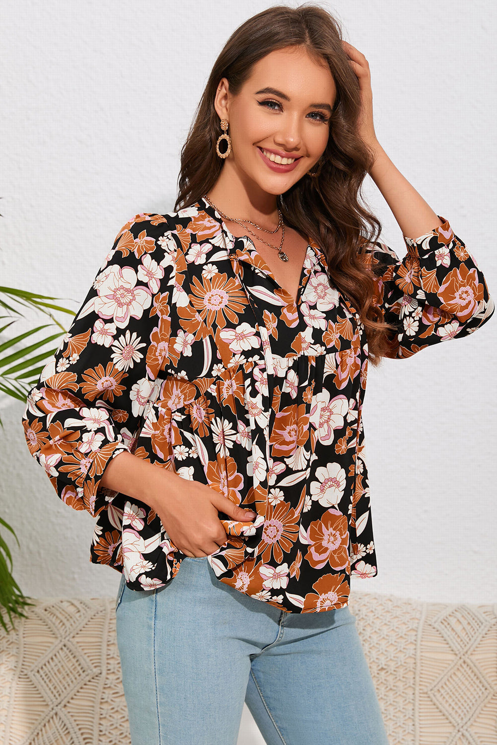 Floral Tie Neck Babydoll Blouse-Pimamour