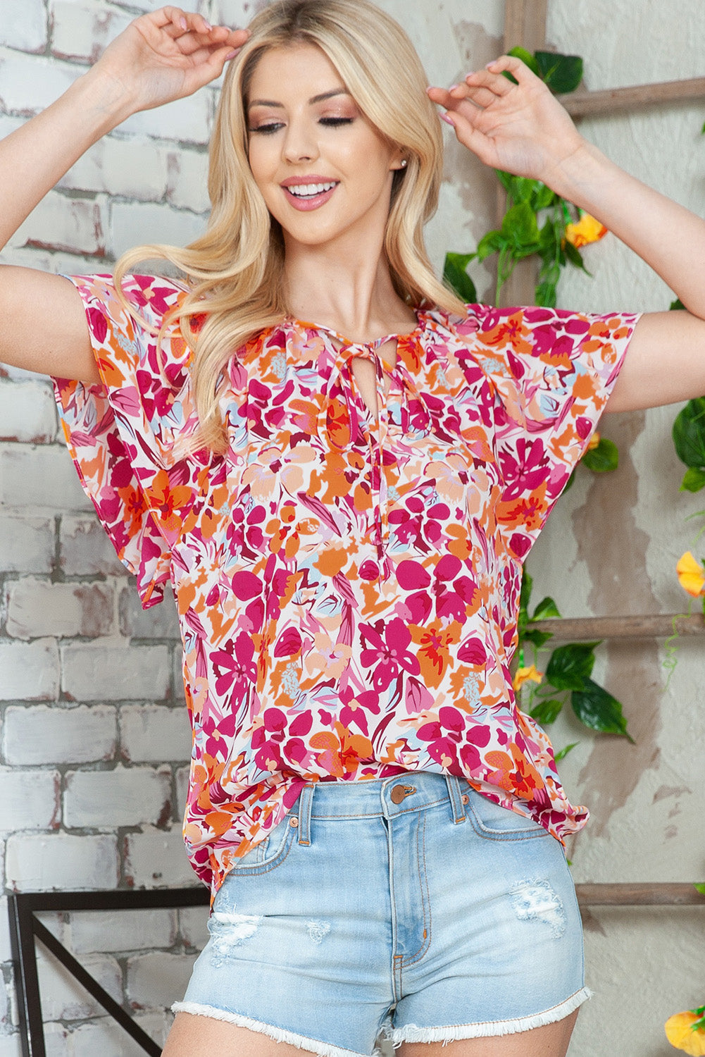 Floral Tie Neck Flutter Sleeve Blouse-Pimamour