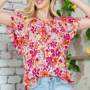 Floral Tie Neck Flutter Sleeve Blouse-Pimamour