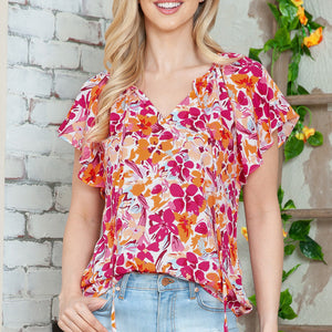 Floral Tie Neck Flutter Sleeve Blouse-Pimamour