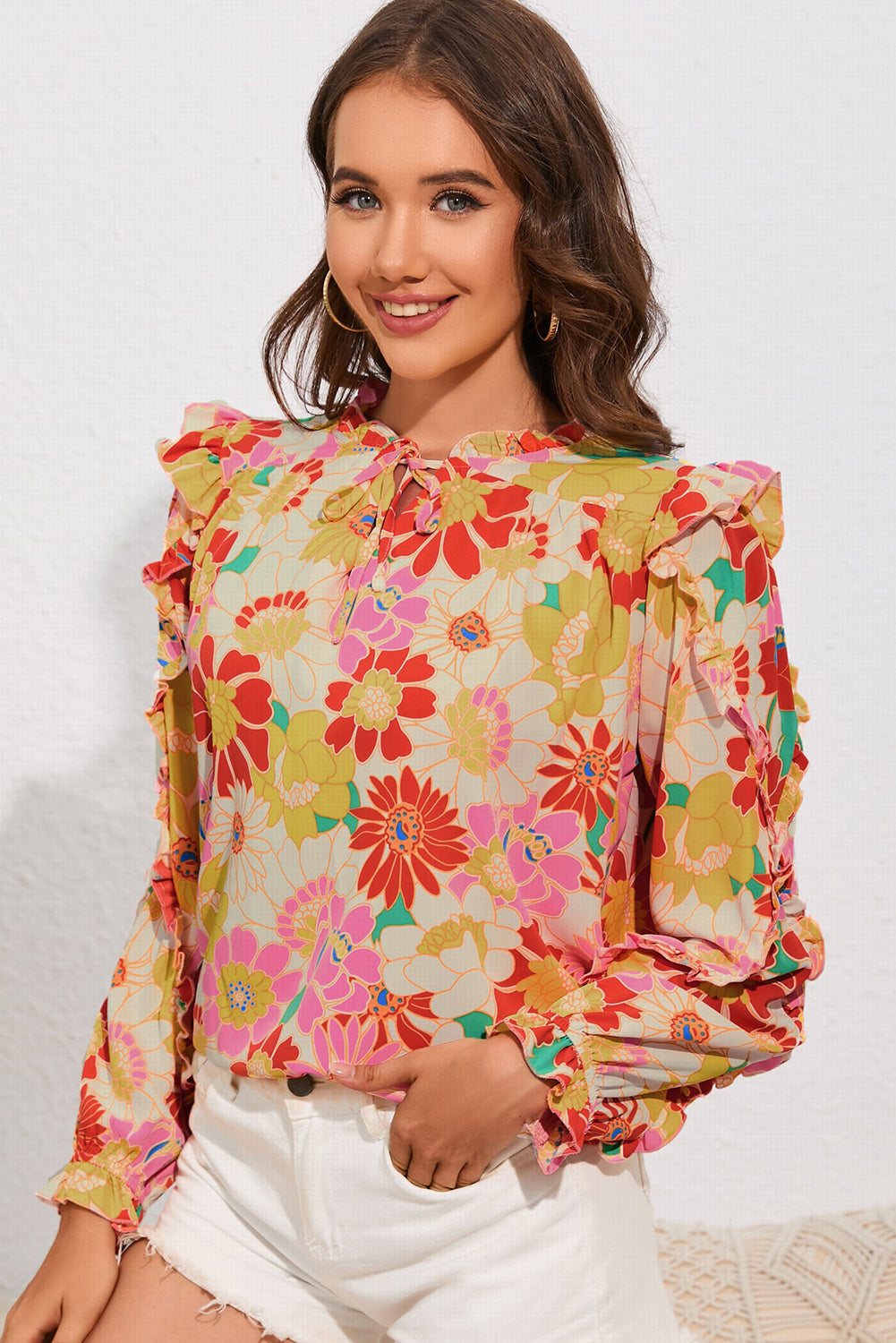 Floral Tie Neck Ruffled Blouse-Pimamour