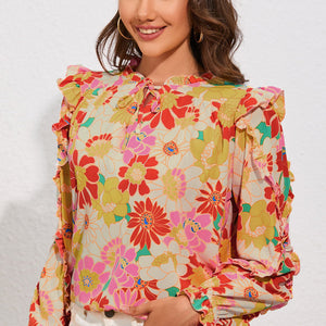 Floral Tie Neck Ruffled Blouse-Pimamour