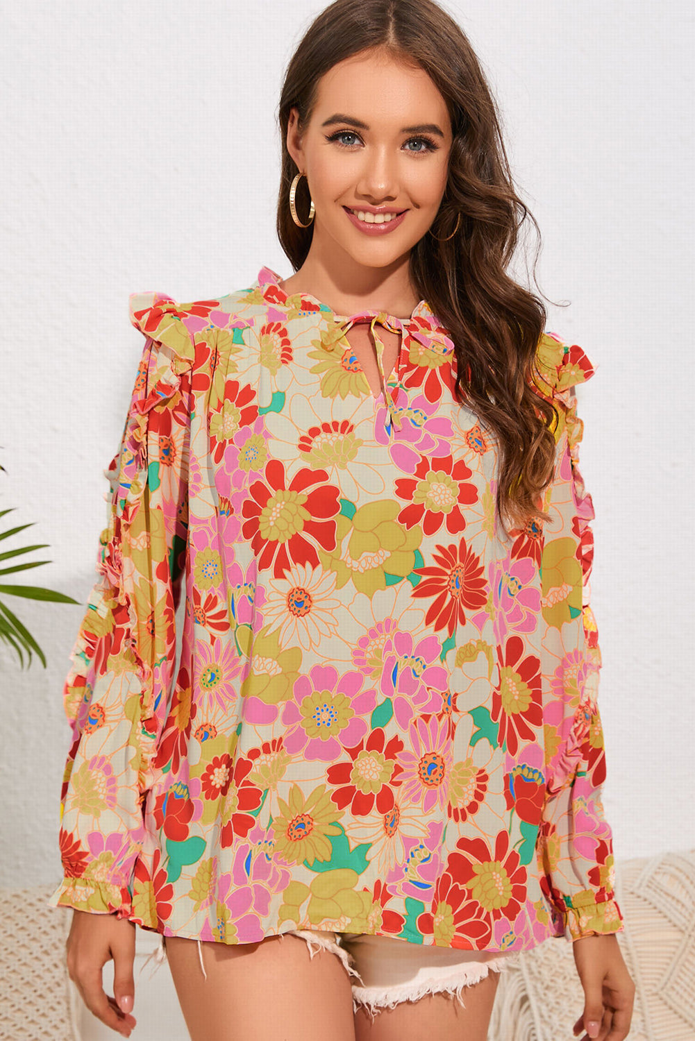 Floral Tie Neck Ruffled Blouse-Pimamour