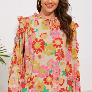 Floral Tie Neck Ruffled Blouse-Pimamour