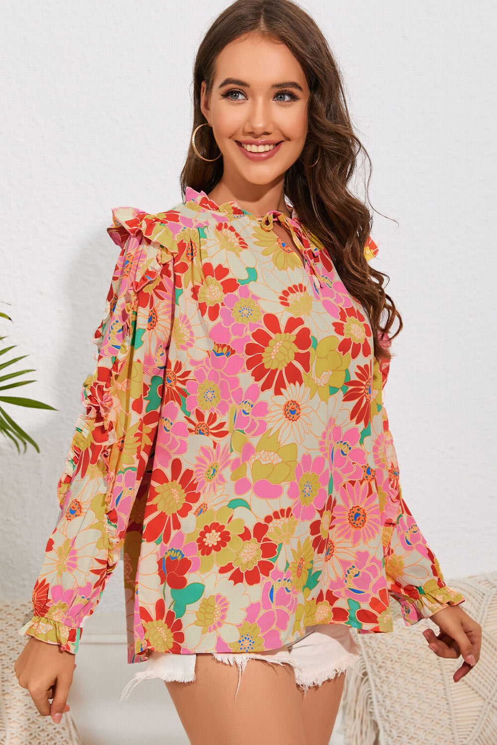 Floral Tie Neck Ruffled Blouse-Pimamour