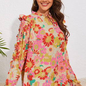 Floral Tie Neck Ruffled Blouse-Pimamour