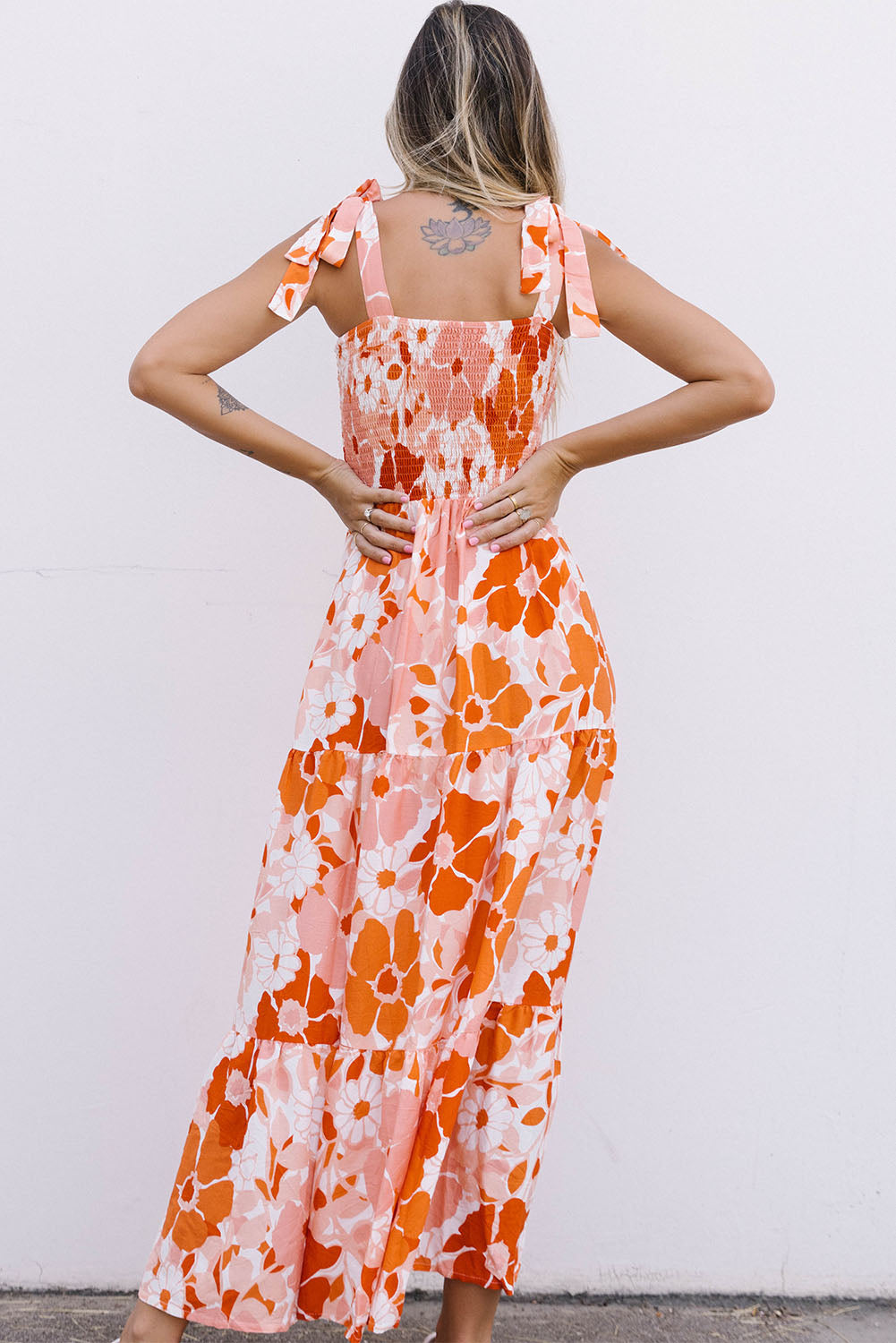 Floral Tie-Shoulder Smocked Maxi Dress-Pimamour