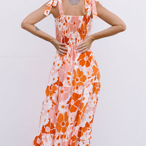 Floral Tie-Shoulder Smocked Maxi Dress-Pimamour