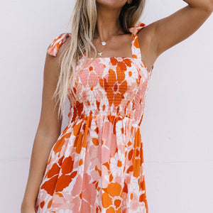 Floral Tie-Shoulder Smocked Maxi Dress-Pimamour