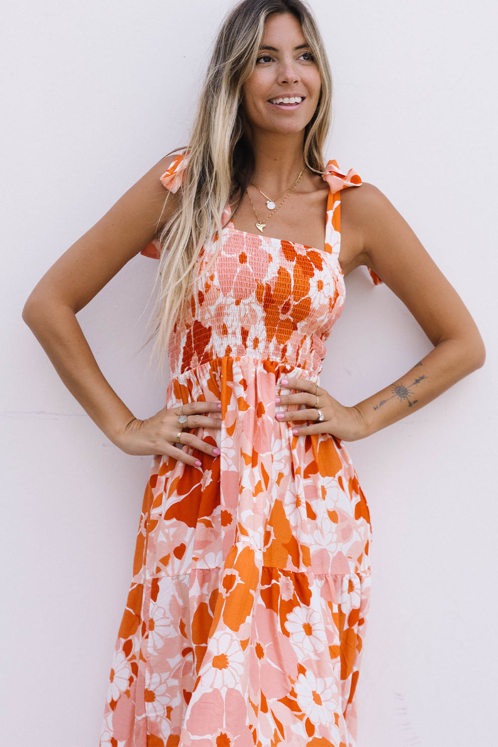 Floral Tie-Shoulder Smocked Maxi Dress-Pimamour