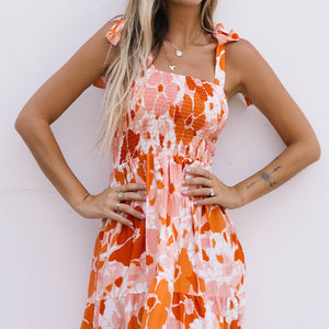 Floral Tie-Shoulder Smocked Maxi Dress-Pimamour