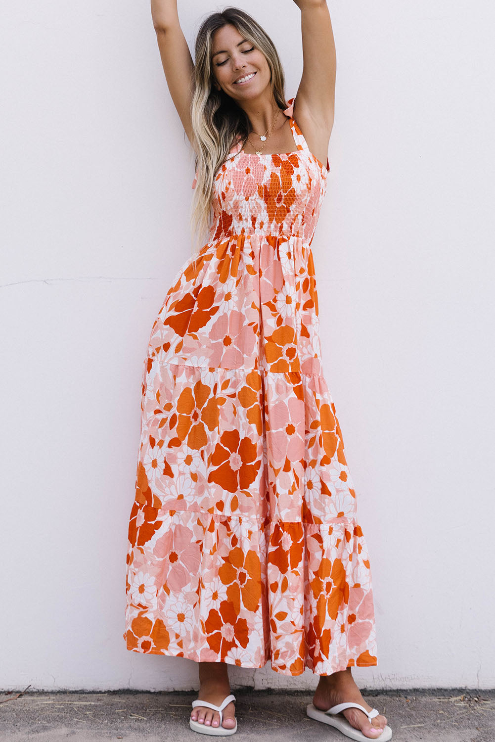 Floral Tie-Shoulder Smocked Maxi Dress-Pimamour