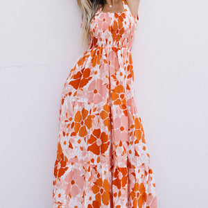 Floral Tie-Shoulder Smocked Maxi Dress-Pimamour