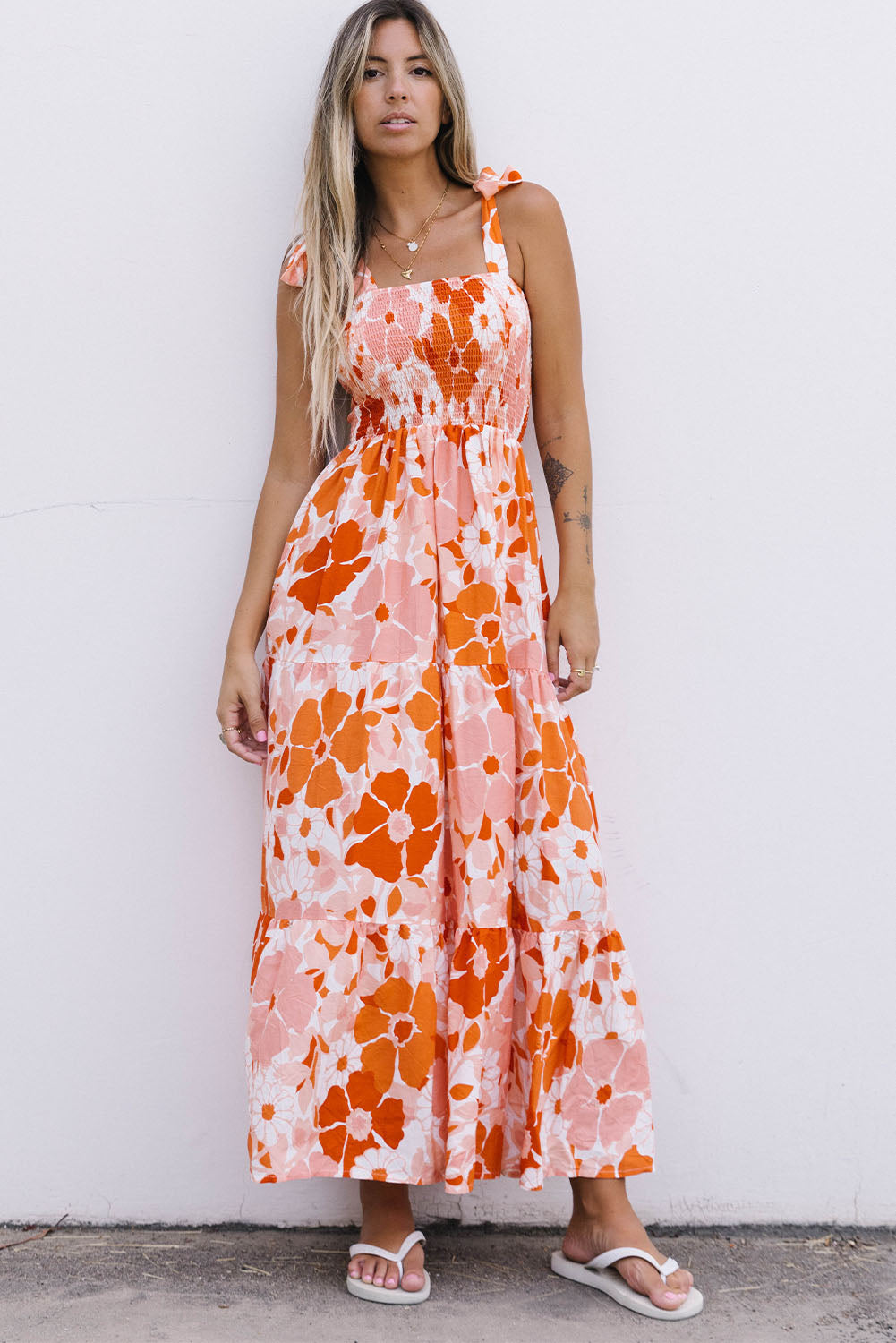 Floral Tie-Shoulder Smocked Maxi Dress-Pimamour