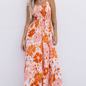 Floral Tie-Shoulder Smocked Maxi Dress-Pimamour