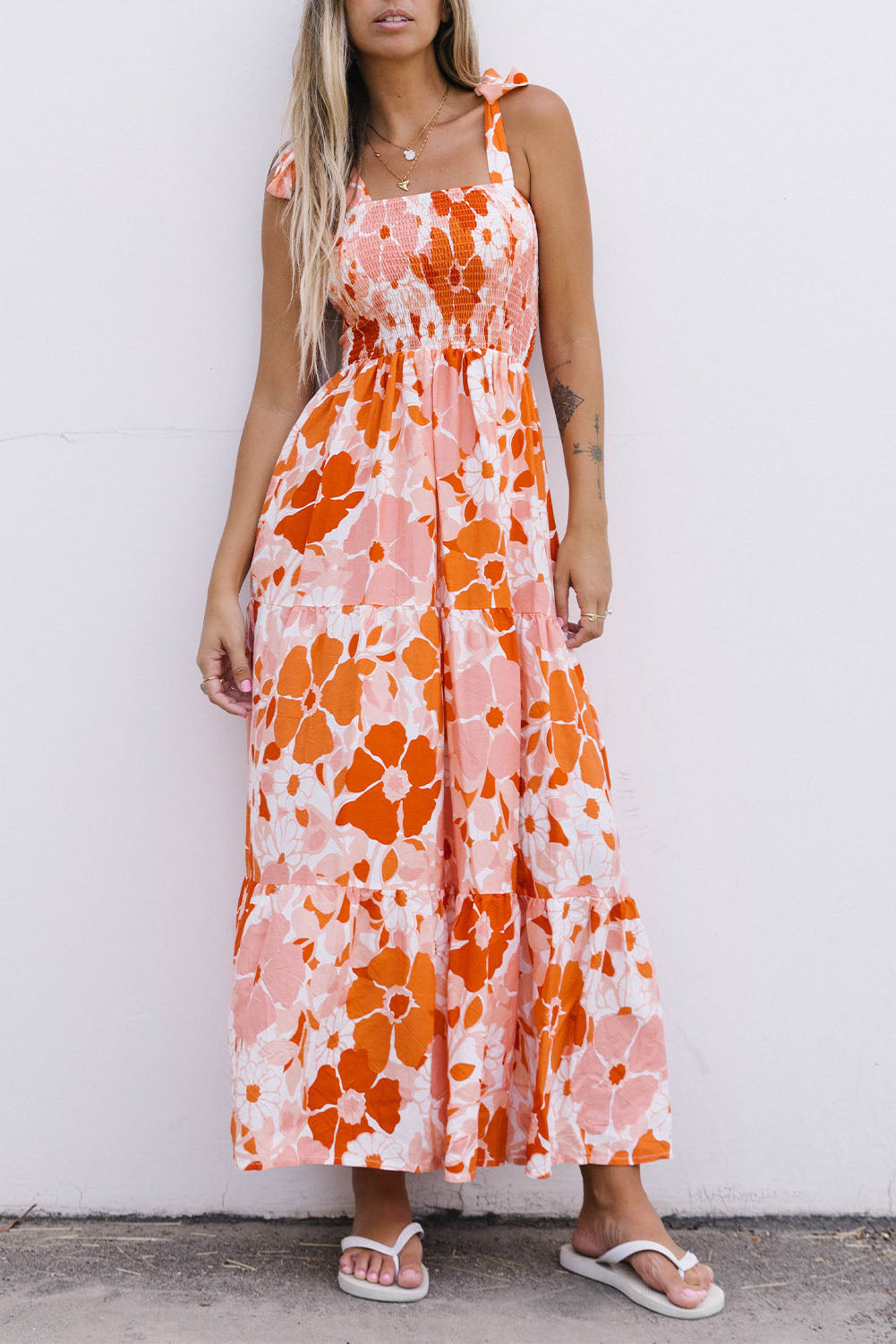 Floral Tie-Shoulder Smocked Maxi Dress-Pimamour