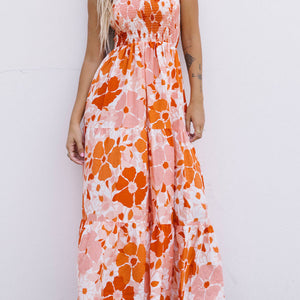 Floral Tie-Shoulder Smocked Maxi Dress-Pimamour