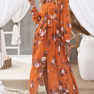 Floral Tie Waist Slit Maxi Dress-Pimamour